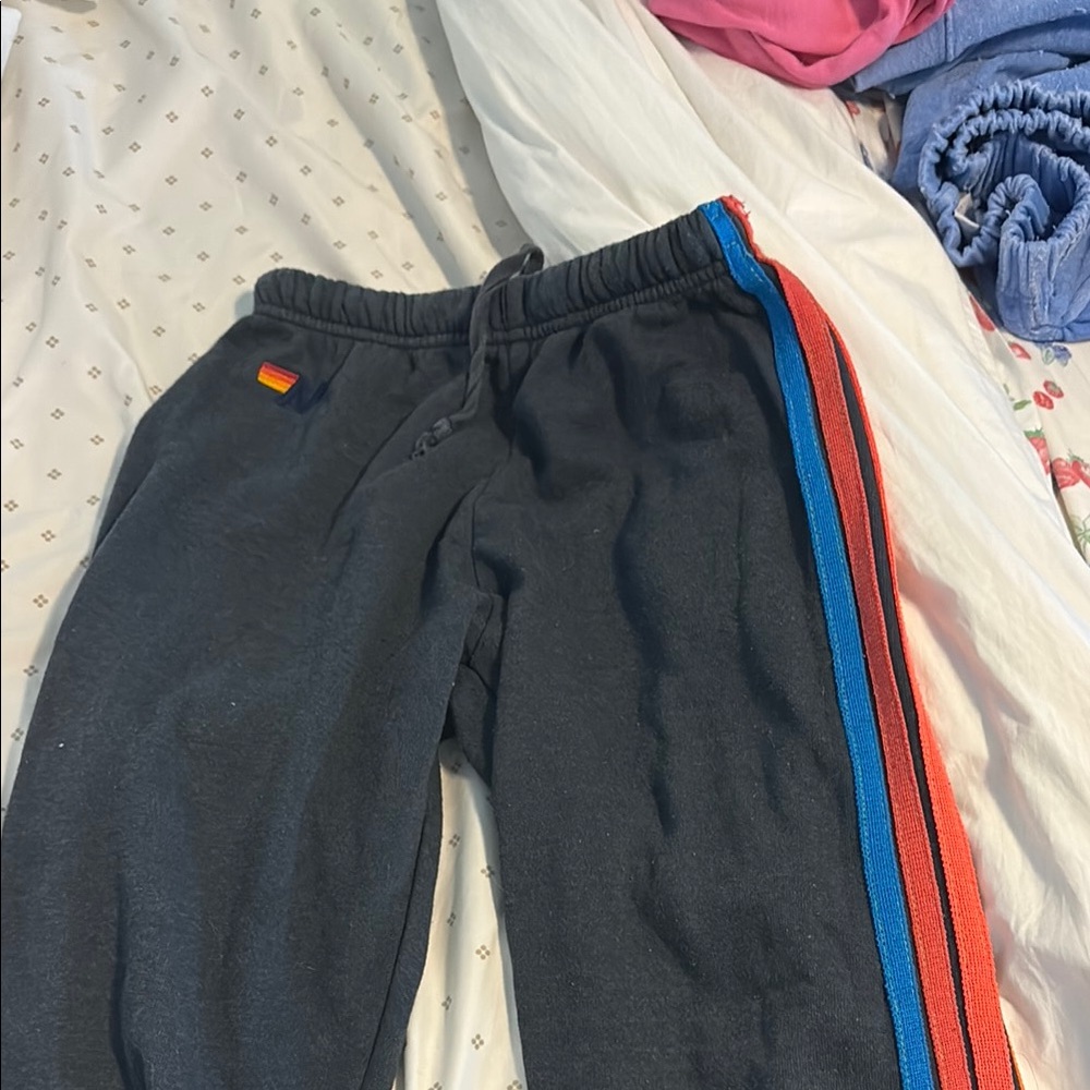 Aviator Nation Black and Blue Sweatpants with Striped Detail